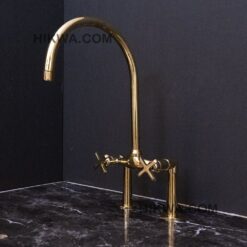 Unlacquered Brass Bridge Kitchen Faucet With Curved Legs And Flat Cross Handles