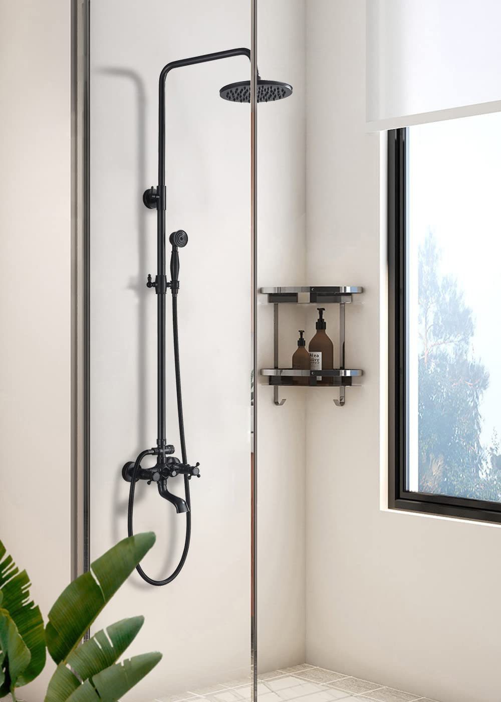 Brass Antique Bathroom Shower Faucet Set Wall Mount Dual Handle Handshower Shelf Brass Bathroom Shower Mixer Tap Outdoor - Indoor Shower Tap 7