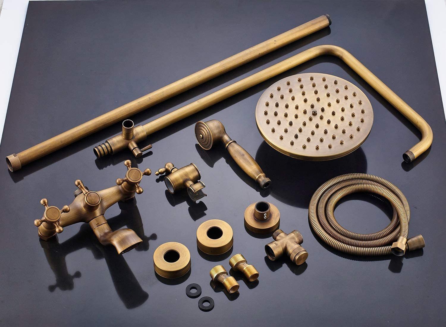 Brass Antique Bathroom Shower Faucet Set Wall Mount Dual Handle Handshower Shelf Brass Bathroom Shower Mixer Tap Outdoor - Indoor Shower Tap 6