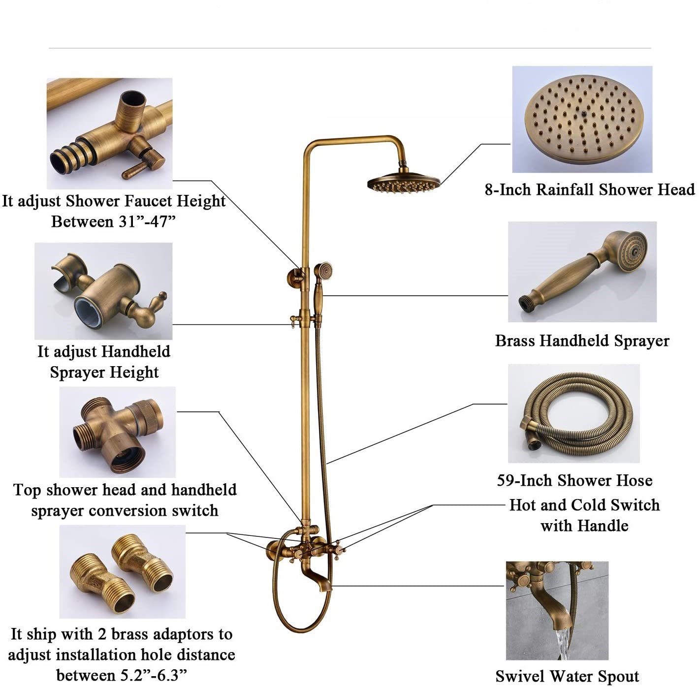 Brass Antique Bathroom Shower Faucet Set Wall Mount Dual Handle Handshower Shelf Brass Bathroom Shower Mixer Tap Outdoor - Indoor Shower Tap 5