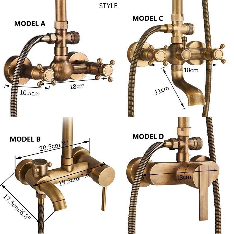Antique Style Brass Shower Faucets Set Wall Mount Antique Brass Shower Kit Dual Knobs Mixer Tap Handheld Spray Bathtub Kit 5