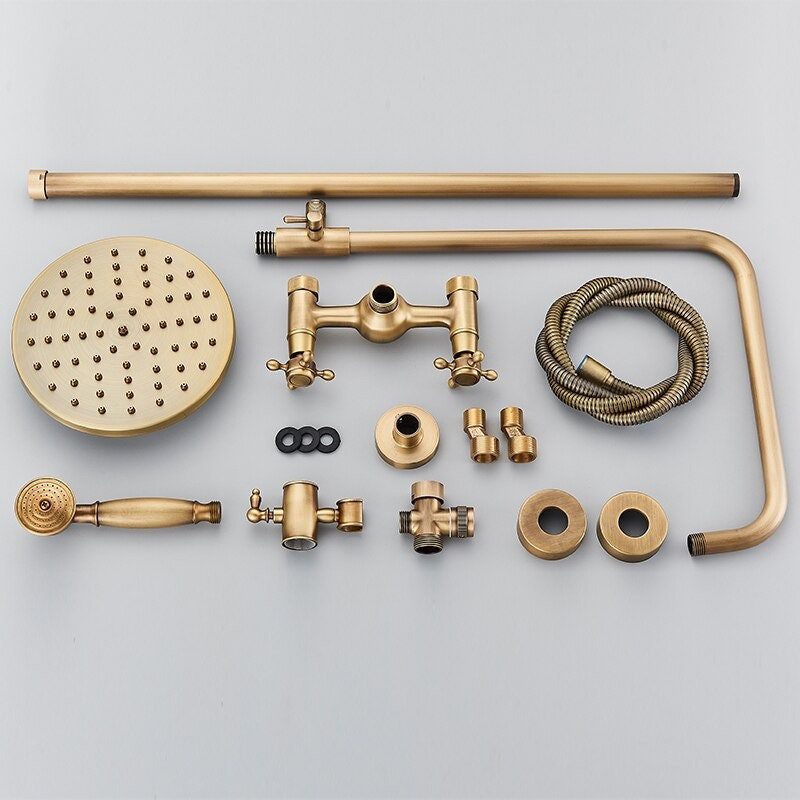 Antique Style Brass Shower Faucets Set Wall Mount Antique Brass Shower Kit Dual Knobs Mixer Tap Handheld Spray Bathtub Kit 4