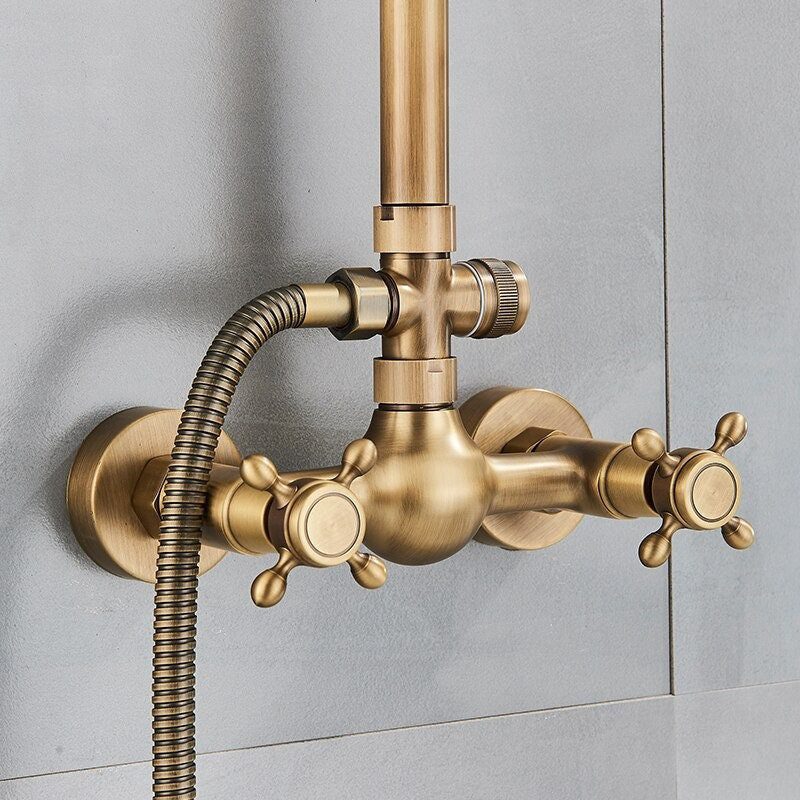 Antique Style Brass Shower Faucets Set Wall Mount Antique Brass Shower Kit Dual Knobs Mixer Tap Handheld Spray Bathtub Kit 3
