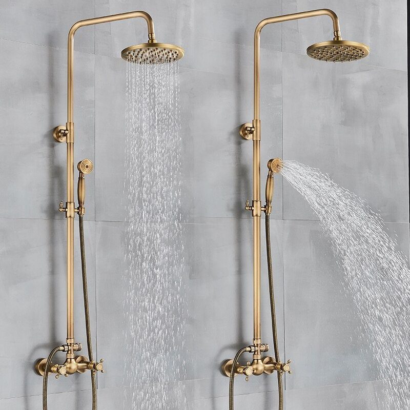 Antique Style Brass Shower Faucets Set Wall Mount Antique Brass Shower Kit Dual Knobs Mixer Tap Handheld Spray Bathtub Kit 2
