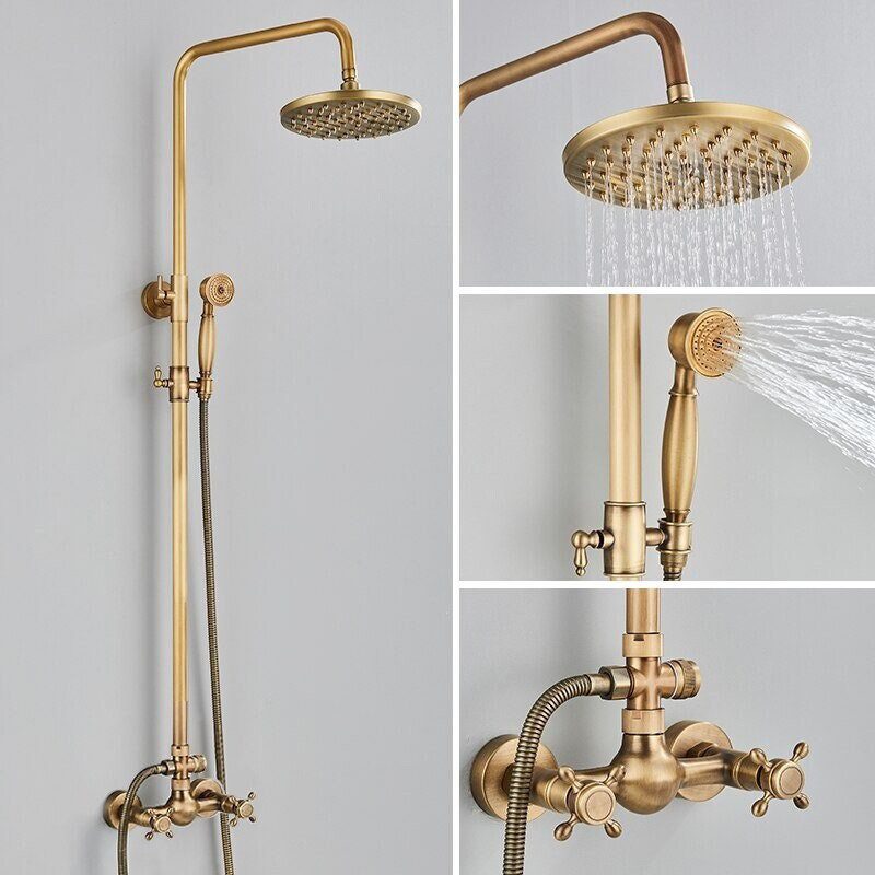 Antique Style Brass Shower Faucets Set Wall Mount Antique Brass Shower Kit Dual Knobs Mixer Tap Handheld Spray Bathtub Kit 1