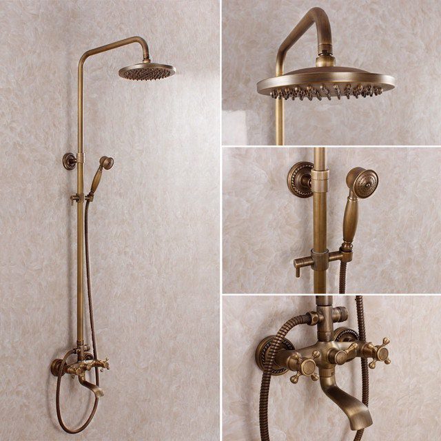 Brass Antique Bathroom Shower Faucet Set Wall Mount Dual Handle Handshower Shelf Brass Bathroom Shower Mixer Tap Outdoor - Indoor Shower Tap 1