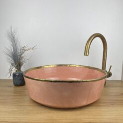 Pink Bathroom Vessel sink Brushed Solid Brass Rimmed-wash Basin with Mid-Century Modern-Artisanal Farmhouse basin-Unique Glazed Ceramic Sink