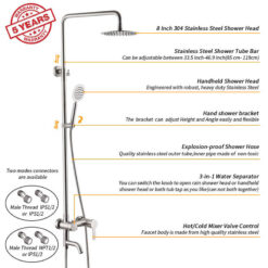 Bathroom Shower Column Set | SUS 304 Stainless Steel Bathroom Shower System | Wall Mounted Adjustable Triple Function Shower Faucet Brushed Nickel