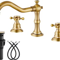 Bathroom Faucet 3 Hole 8 Inch Widespread Bathroom Sink Faucet 2 Cross Handles Vintage Lavatory Vanity Mixer Tap with Pop Up Drain, HOT Cold Label, Antique Brass