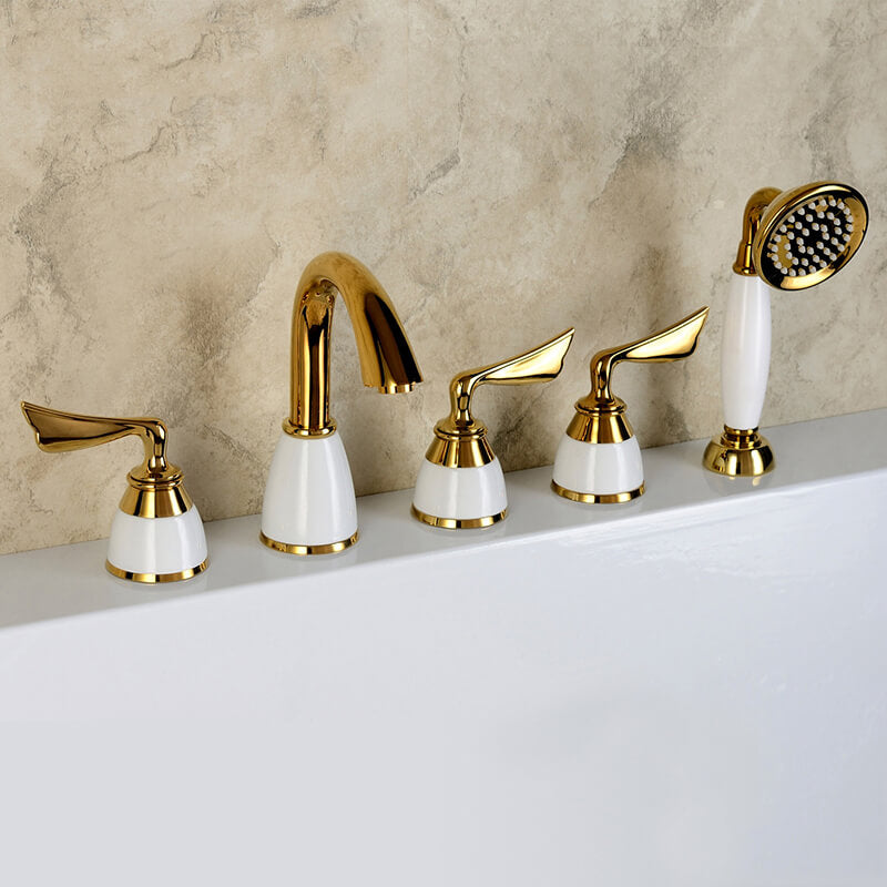 77fa38b885fa9414 Brass Bathroom Tub Faucet | Deck Mounted Widespread 5 Holes Waterfall Bathtub Faucet