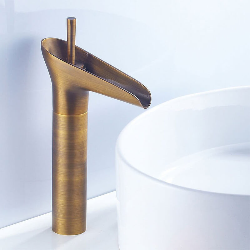 Classical Waterfall Basin Faucet | Single Handle Solid Brass Lavatory Faucet | Bathroom Sink Faucets In Antique Brass Finished
