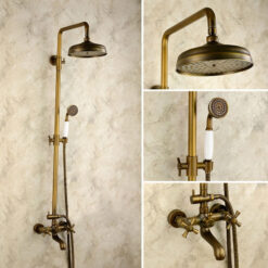 Antique Copper Shower Faucet | Luxury Bathroom Shower Faucet Set 8-inch Round Rainfall Shower Head + Hand Spray + Tub Tap