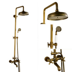 Antique Copper Shower Faucet | Luxury Bathroom Shower Faucet Set 8-inch Round Rainfall Shower Head + Hand Spray + Tub Tap