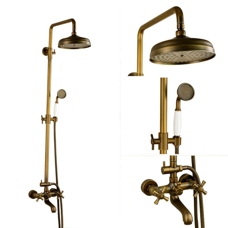 Antique Brass Shower Faucet | Shower System with 8 Rain Shower head | Multi-Function Adjustable Slide Bar shower set