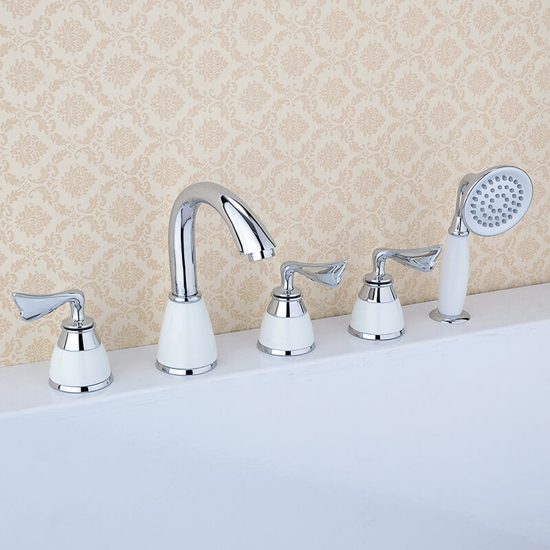 f753221ad316f346 Brass Bathroom Tub Faucet | Deck Mounted Widespread 5 Holes Waterfall Bathtub Faucet