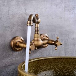 Antique Brass 360 Rotation Double Handle Kitchen Sink Faucet Wall Mounted Crane Bathroom Basin Cold And Hot Mixer Tap