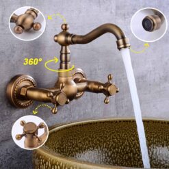 Antique Brass 360 Rotation Double Handle Kitchen Sink Faucet Wall Mounted Crane Bathroom Basin Cold And Hot Mixer Tap