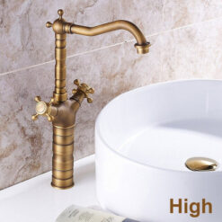 Antique Faucet Bronze Copper Double Handle Swivel Spout Bathroom Faucets Retro Style Brass Tall Basin Mixer Tap High Sink Crane
