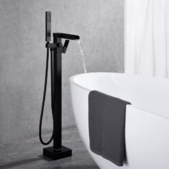 Freestanding Bathtub Faucet Floor Mount Tub Filler Single Handle Brass Tap with Hand Shower and Swivel Spout